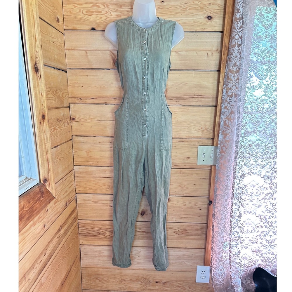 Linen Jumpsuit Womens Size 2 Sage Olive Green Cargo Utility Nicole Miller Resort